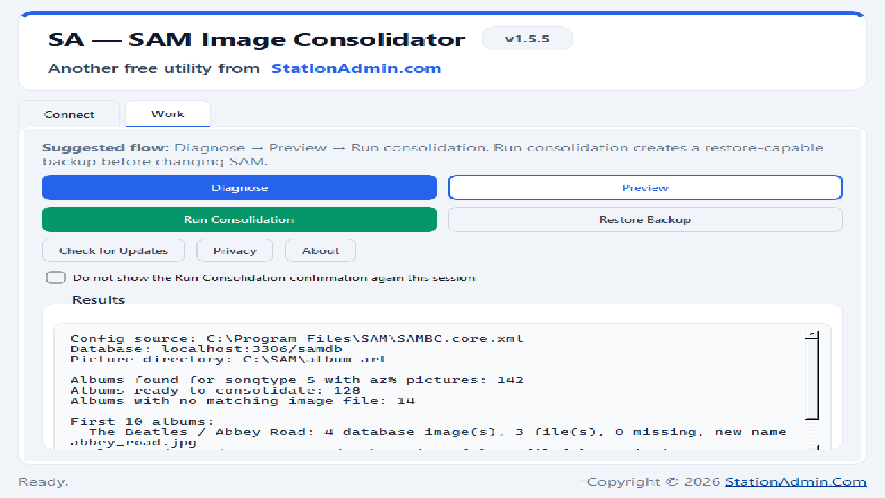 SAM Image Consolidator Work tab — Diagnose, Preview, Run Consolidation, and Results panel
