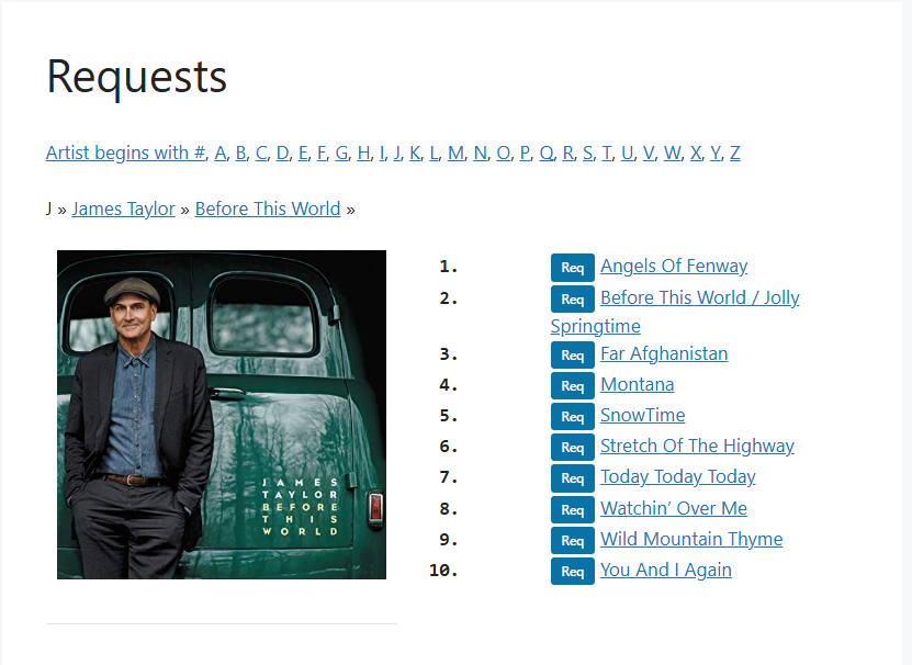 Song request browser showing album track list with Req buttons