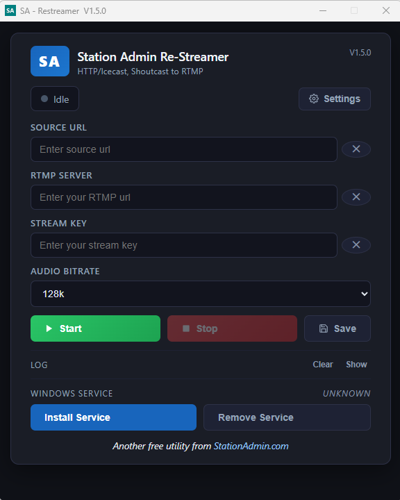 SA Re-Streamer v1.5.0 main window showing source URL, RTMP server, stream key and Start button
